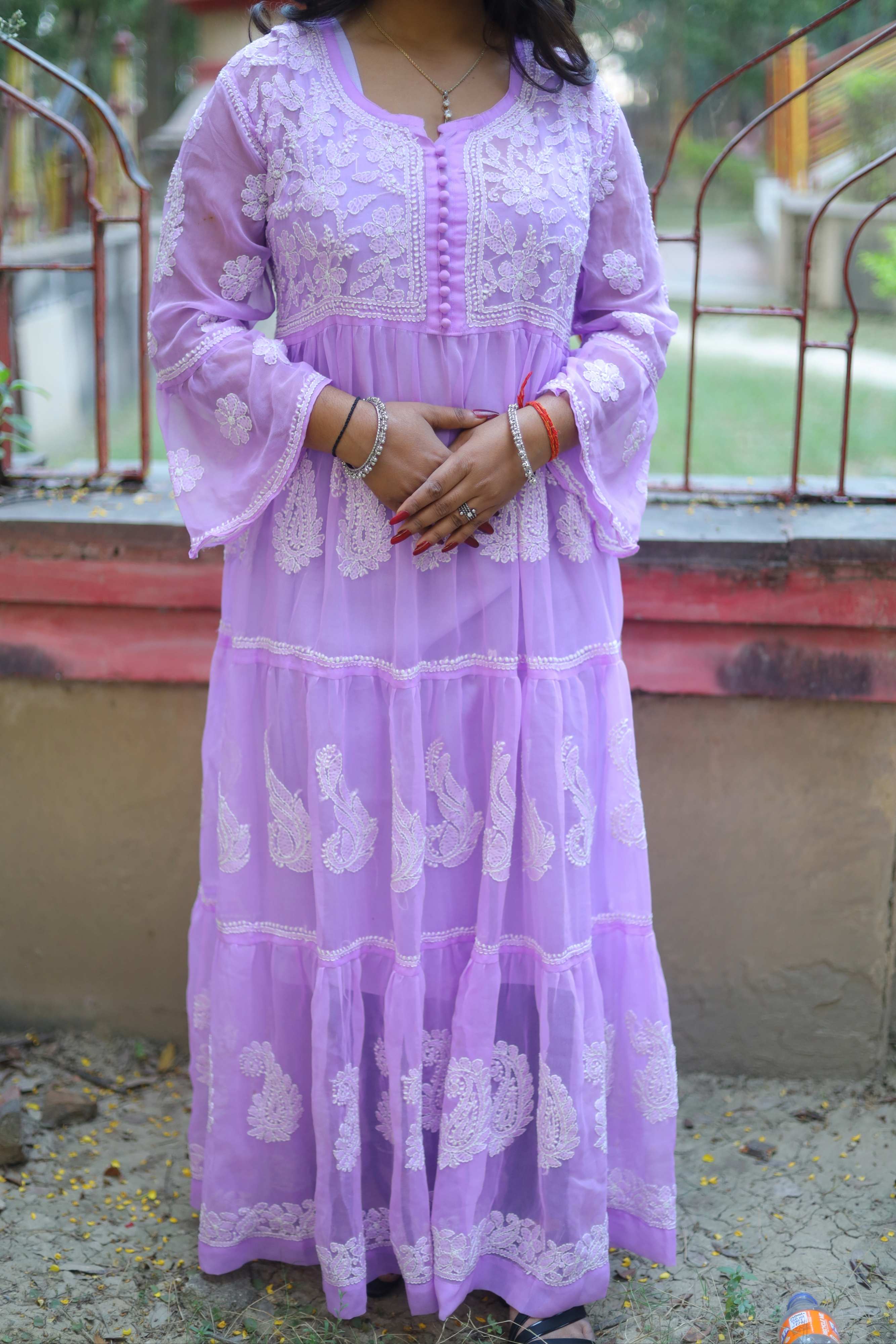 Purple Empire-Style Georgette Chikankari Long Kurti