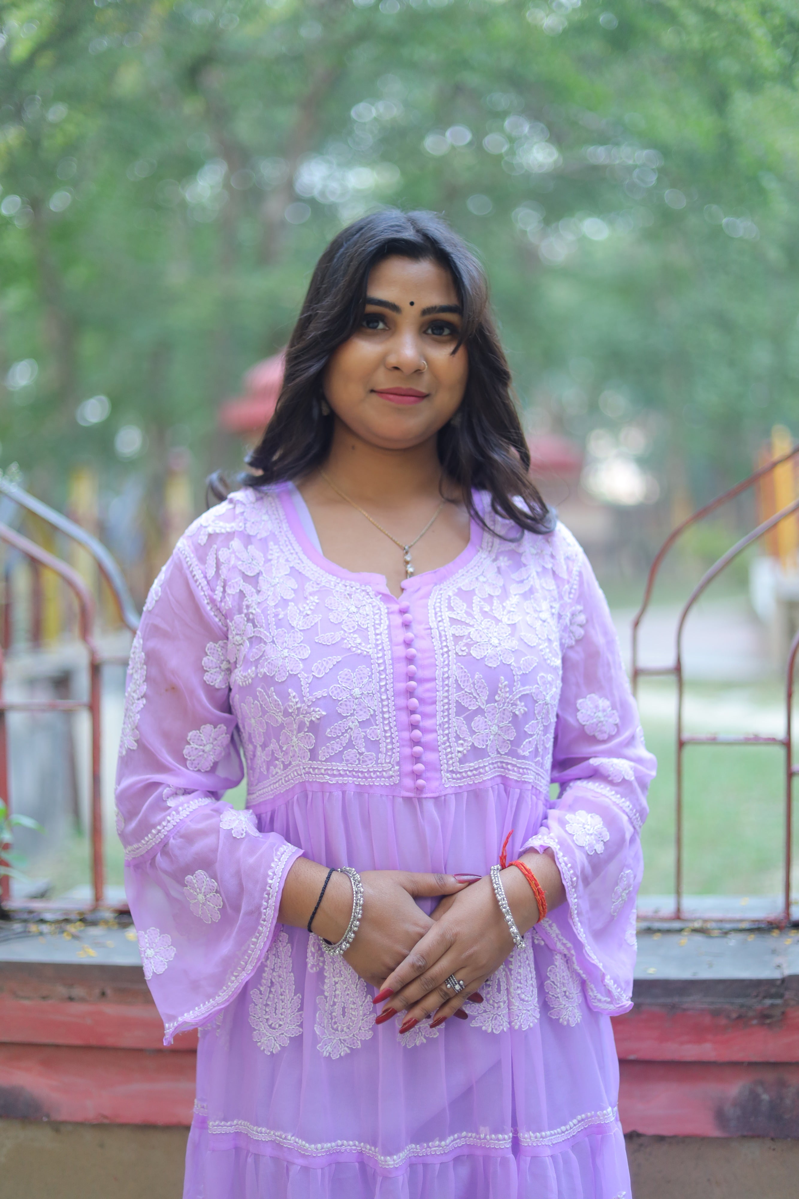 Purple Empire-Style Georgette Chikankari Long Kurti