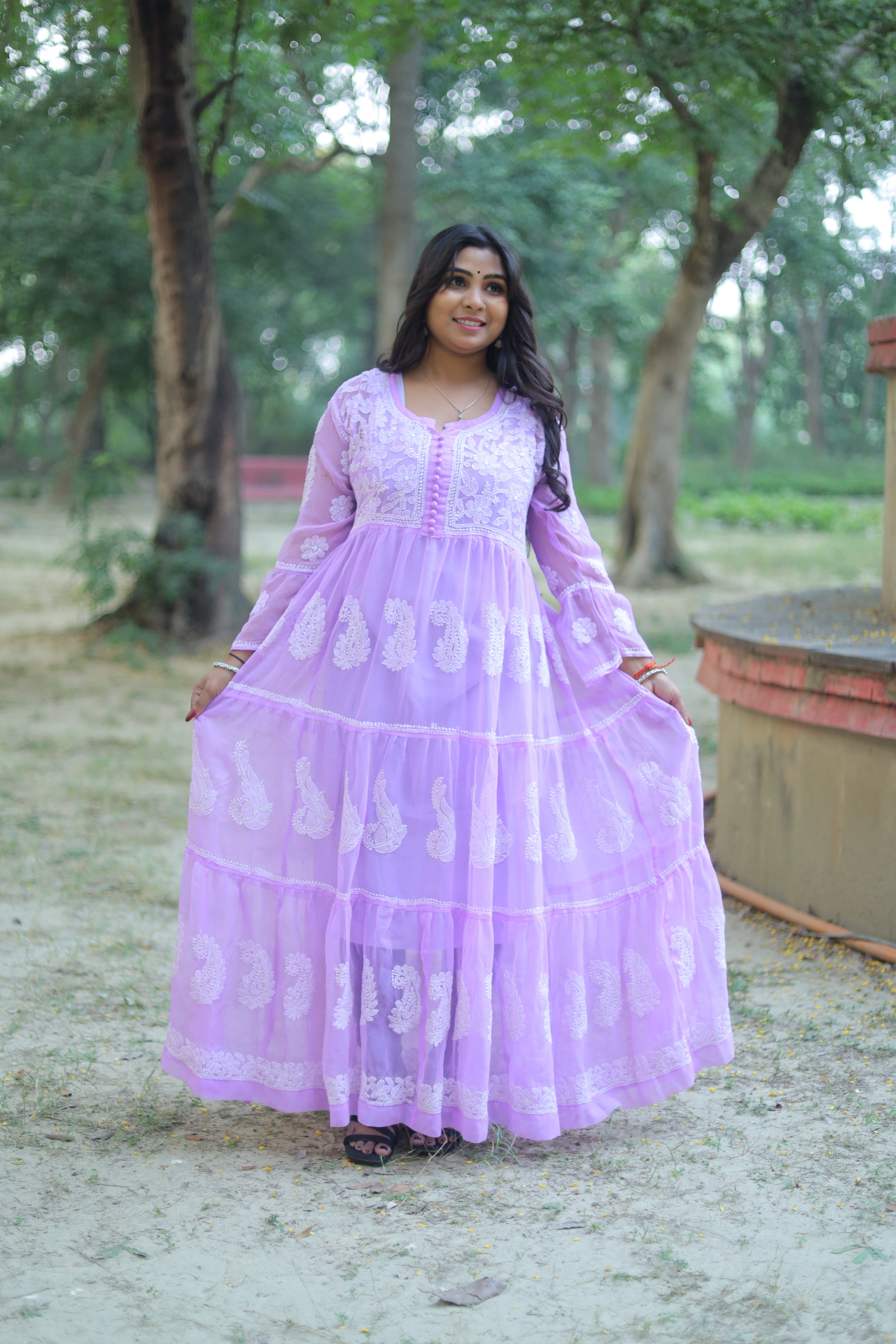 Purple Empire-Style Georgette Chikankari Long Kurti