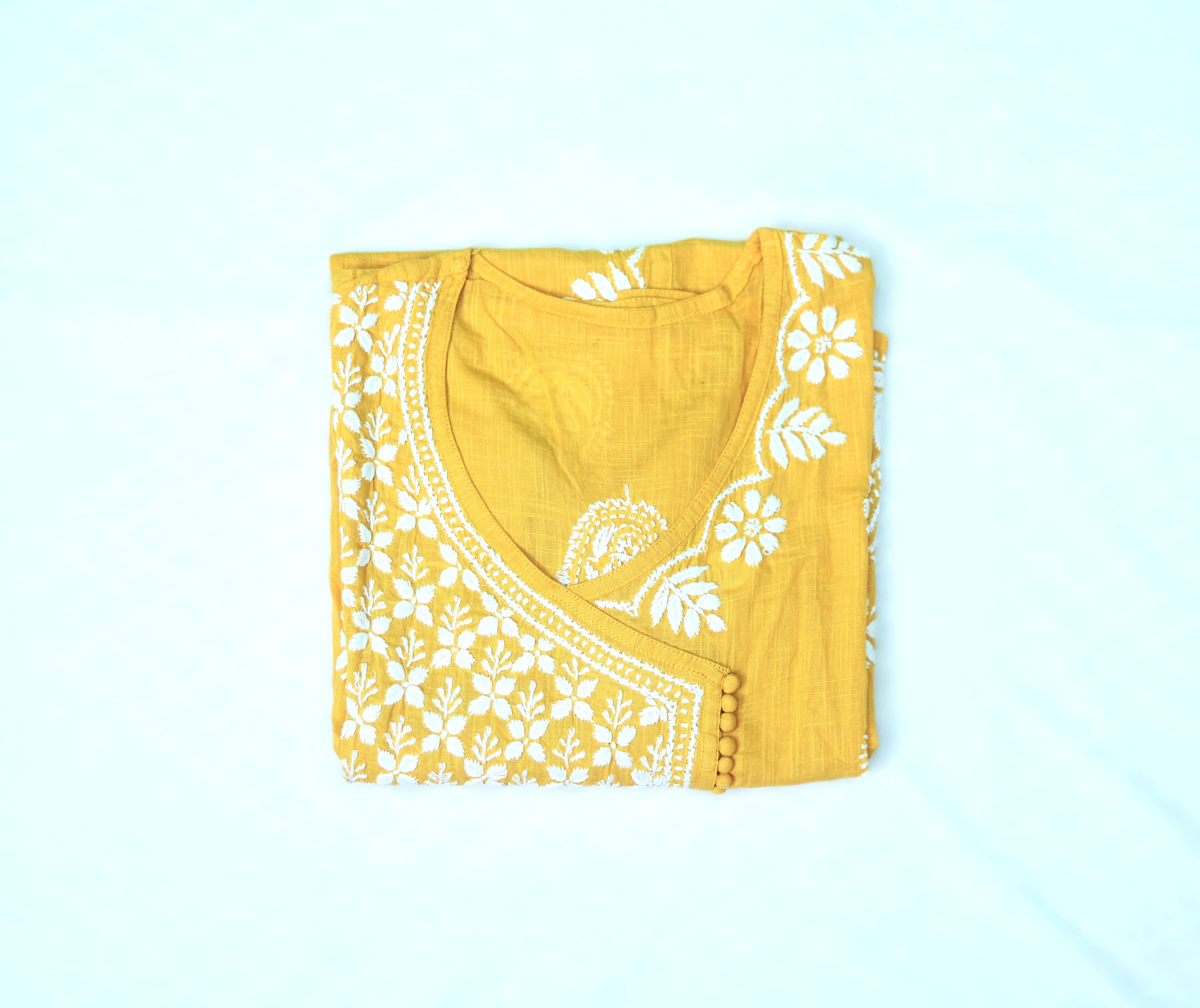 Yellow Angrakha Cotton Chikankari Kurta
