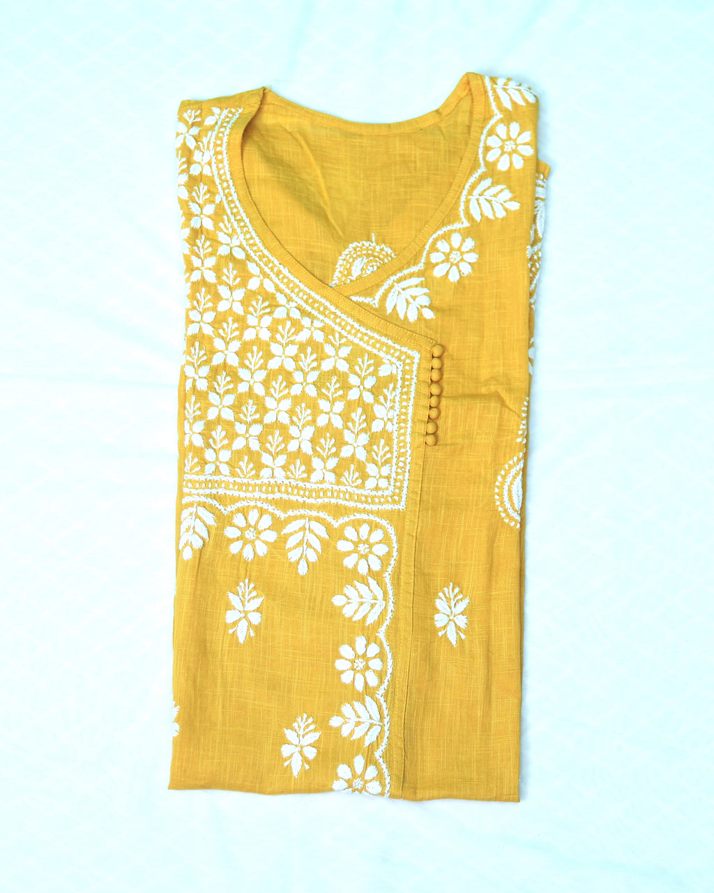 Yellow Angrakha Cotton Chikankari Kurta