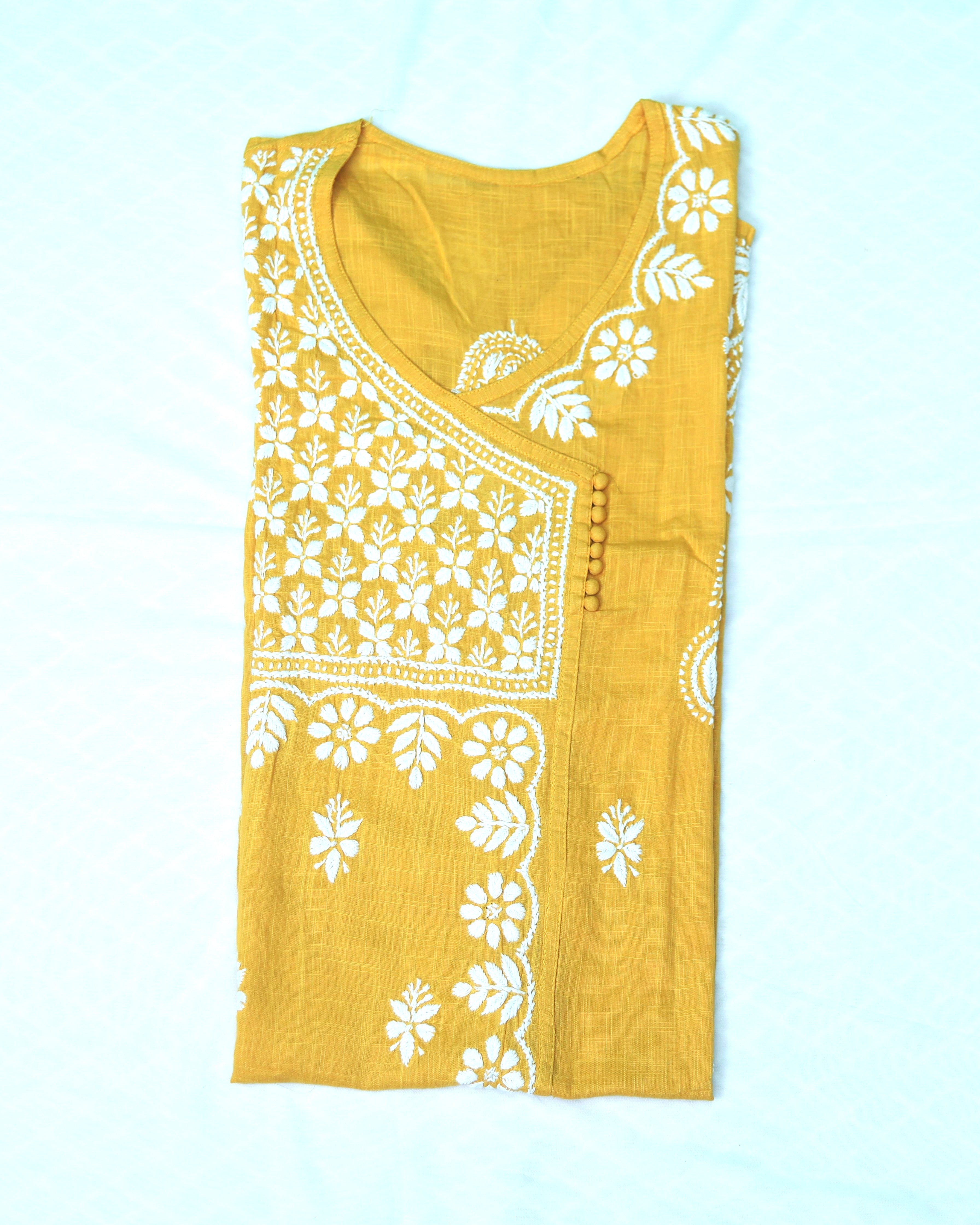 Yellow Angrakha Cotton Chikankari Kurta