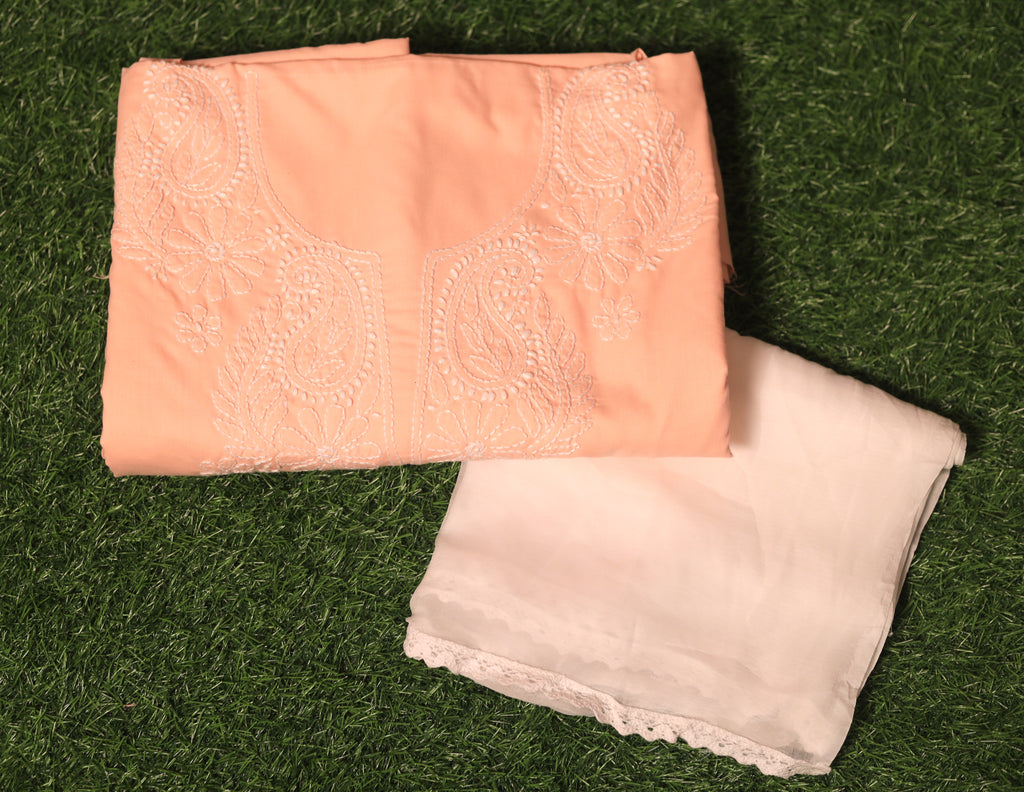 Peach Perfection: Hand-Embroidered Chikankari Unstitched Dress Material Set