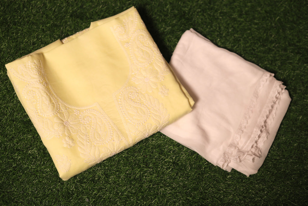 Light Yellow Hand-Embroidered Chikankari Unstitched Dress Material