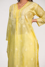 Lemon Yellow Hand-Embroidered Chanderi Chikankari Kurti