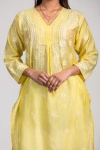 Lemon Yellow Hand-Embroidered Chanderi Chikankari Kurti