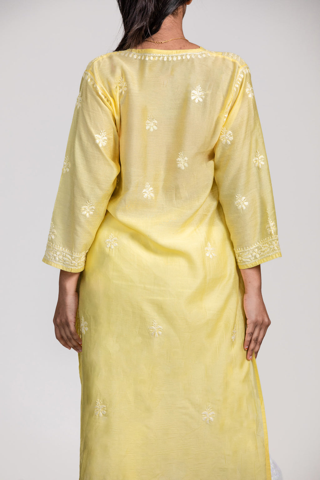 Lemon Yellow Hand-Embroidered Chanderi Chikankari Kurti