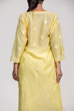 Lemon Yellow Hand-Embroidered Chanderi Chikankari Kurti
