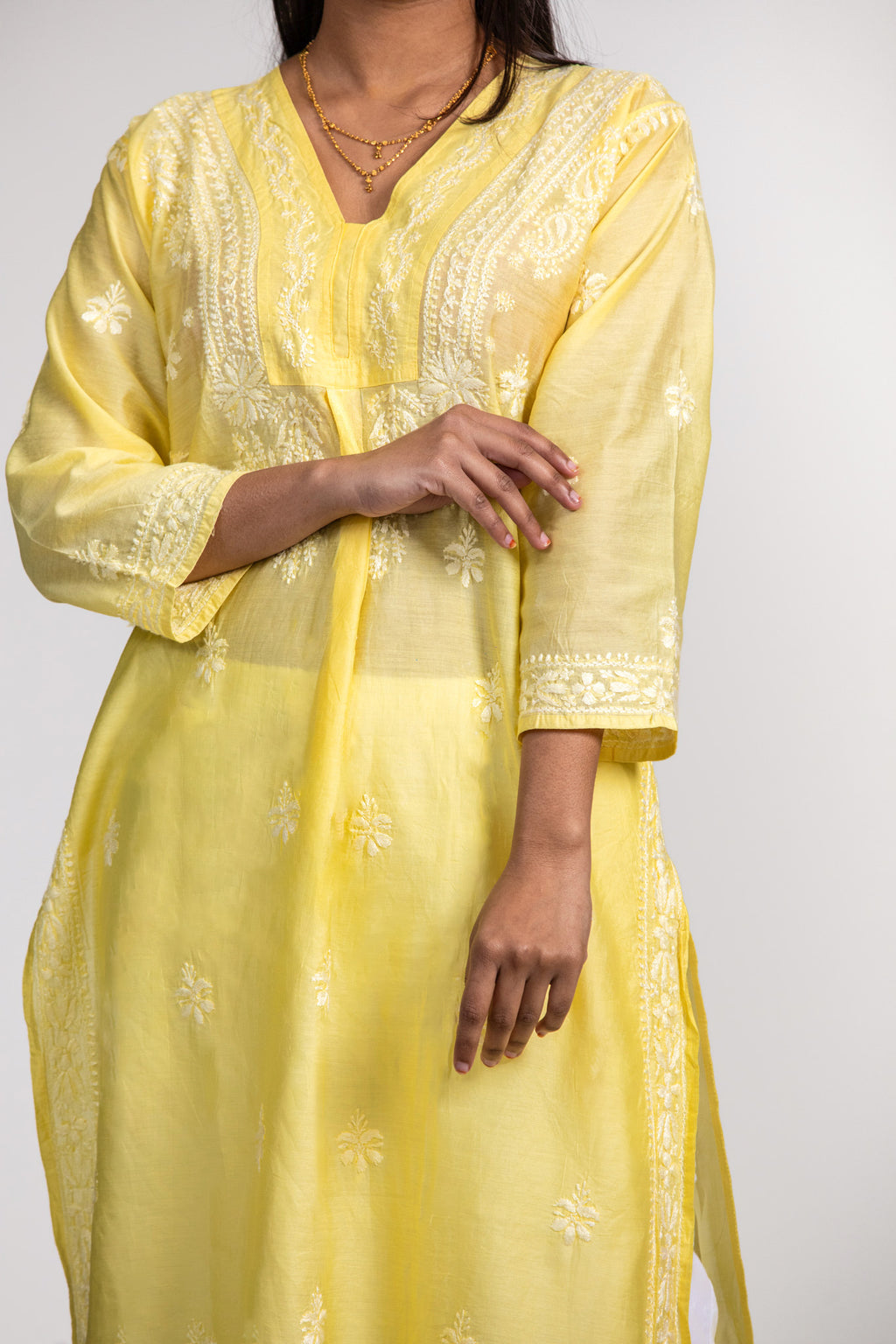 Lemon Yellow Hand-Embroidered Chanderi Chikankari Kurti