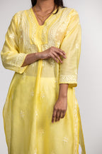 Lemon Yellow Hand-Embroidered Chanderi Chikankari Kurti