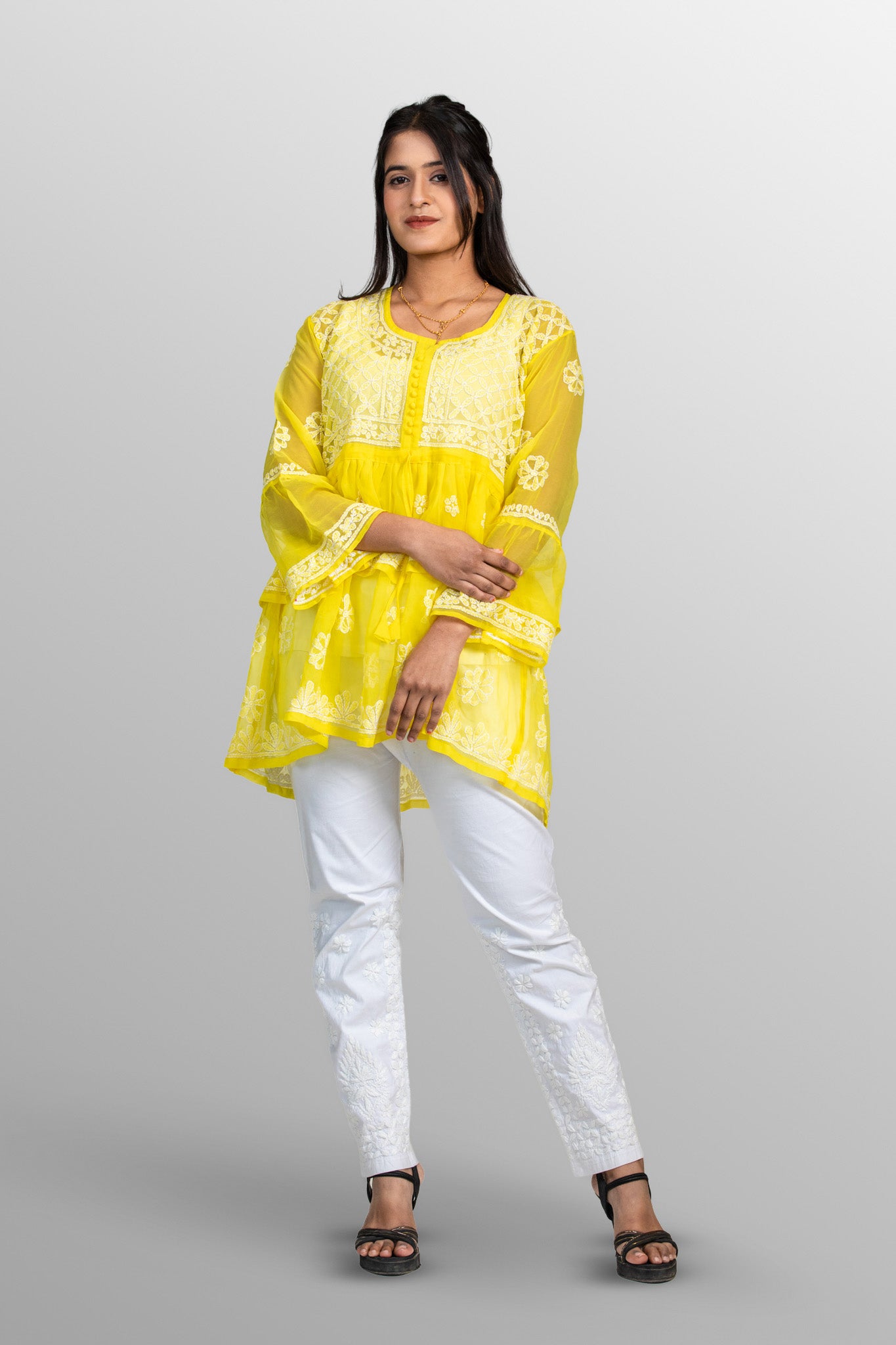 Sunbeam Yellow Tiered Georgette Chikankari Short Kurti