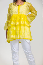 Sunbeam Yellow Tiered Georgette Chikankari Short Kurti