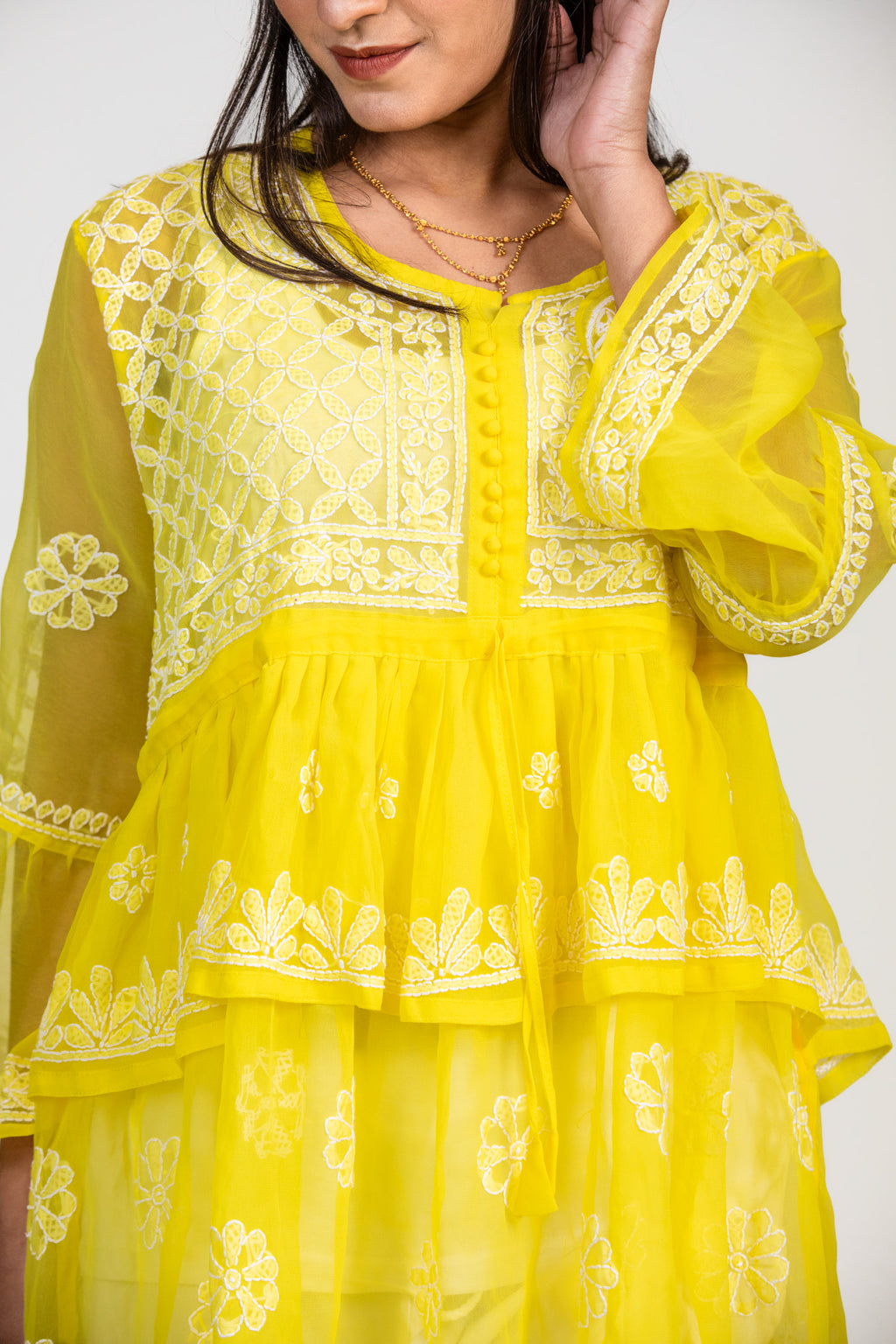 Sunbeam Yellow Tiered Georgette Chikankari Short Kurti