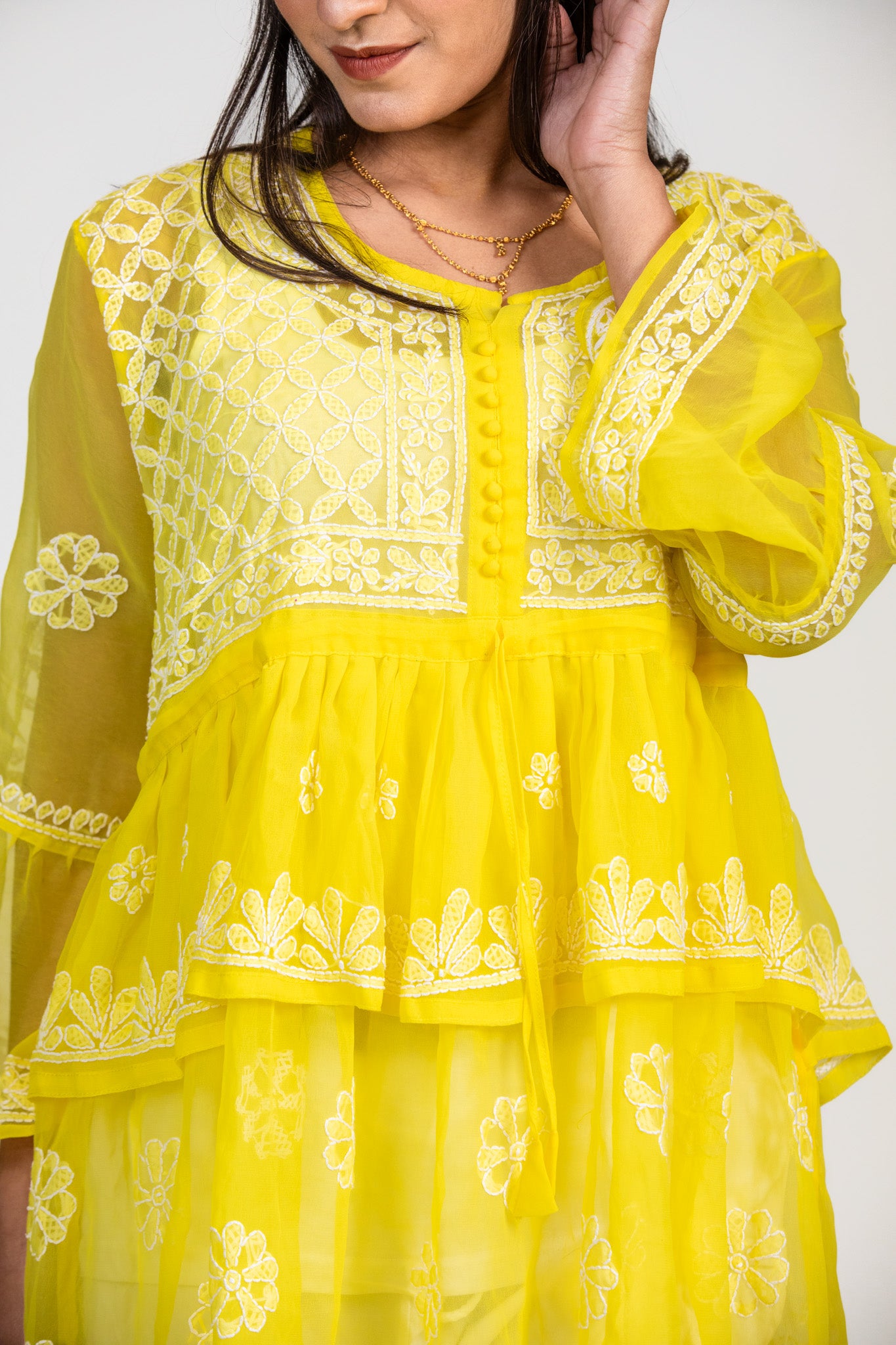 Sunbeam Yellow Tiered Georgette Chikankari Short Kurti