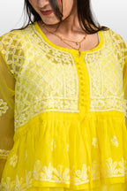 Sunbeam Yellow Tiered Georgette Chikankari Short Kurti