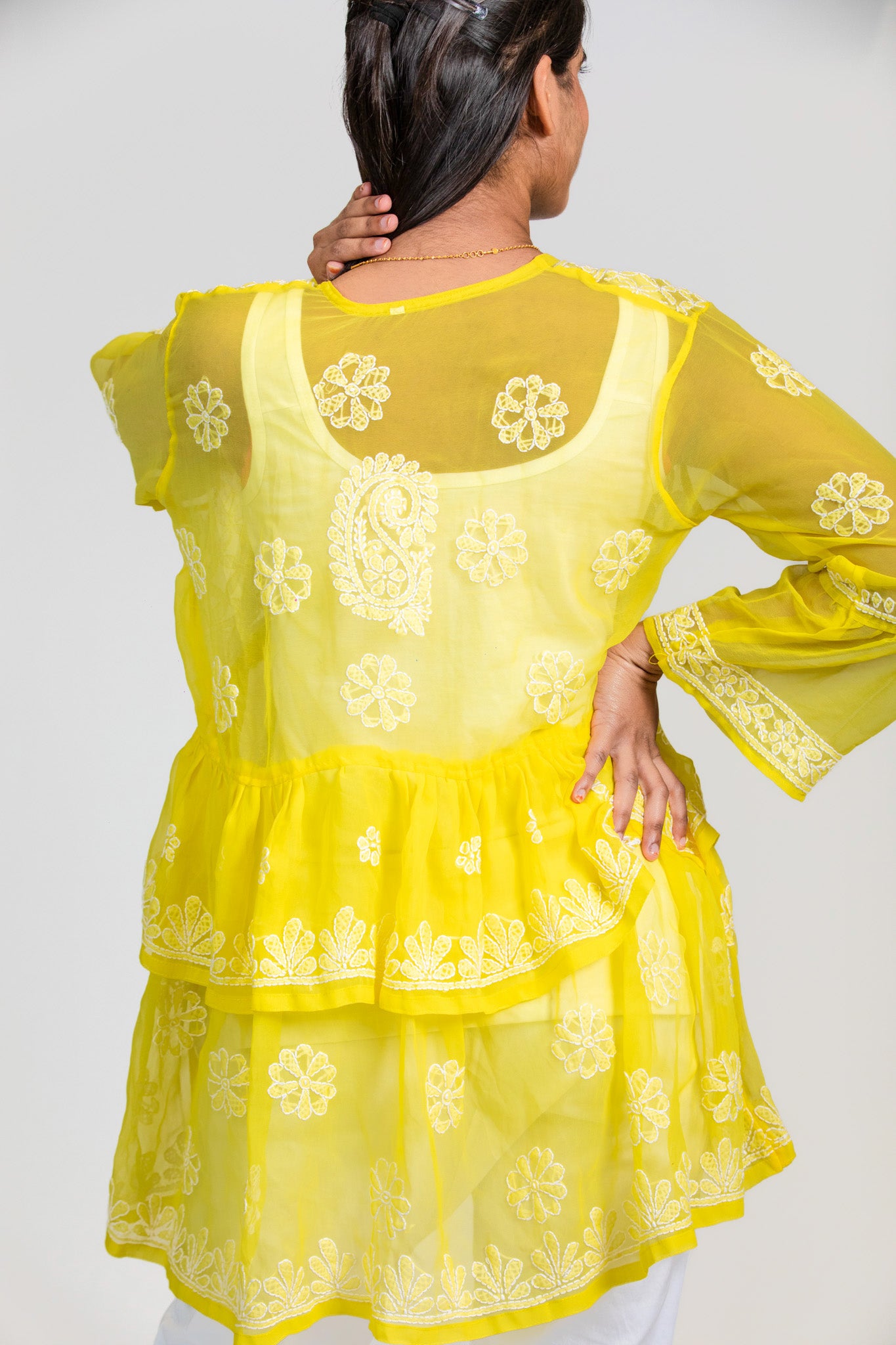 Sunbeam Yellow Tiered Georgette Chikankari Short Kurti