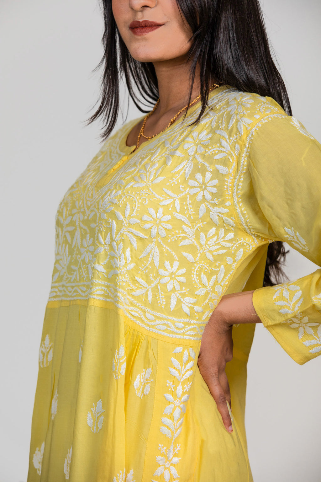 Lemon Yellow Modal Hand-Embroidered Chikankari Kurta