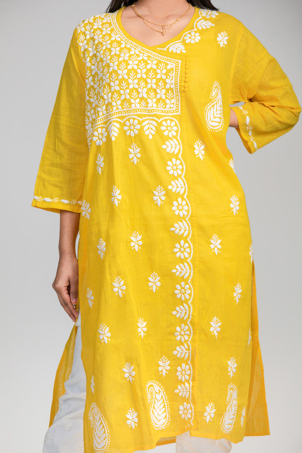 Yellow Angrakha Cotton Chikankari Kurta
