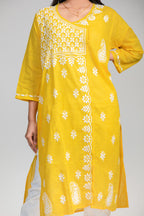 Yellow Angrakha Cotton Chikankari Kurta