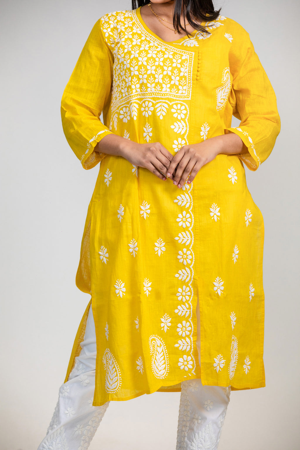 Yellow Angrakha Cotton Chikankari Kurta
