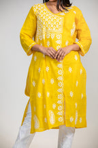 Yellow Angrakha Cotton Chikankari Kurta