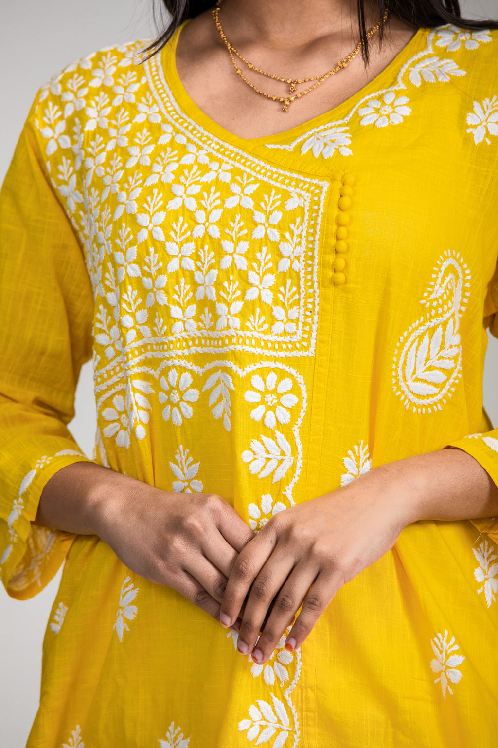 Yellow Angrakha Cotton Chikankari Kurta