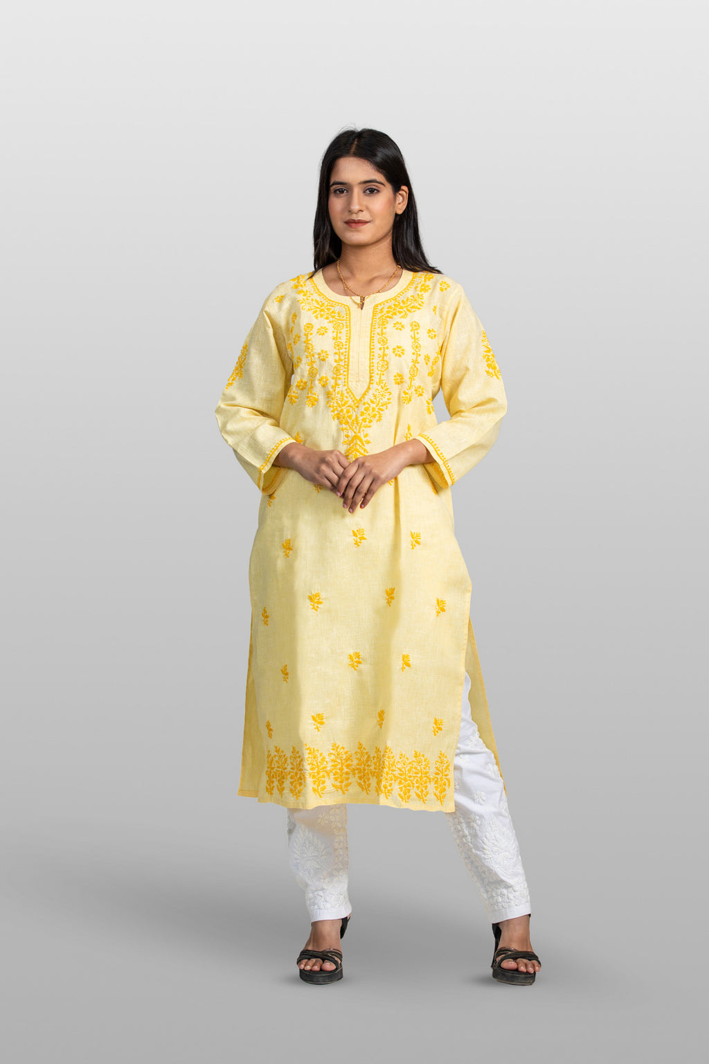 Sun-Kissed Elegance: Lemon Yellow Cotton Chikankari Kurta
