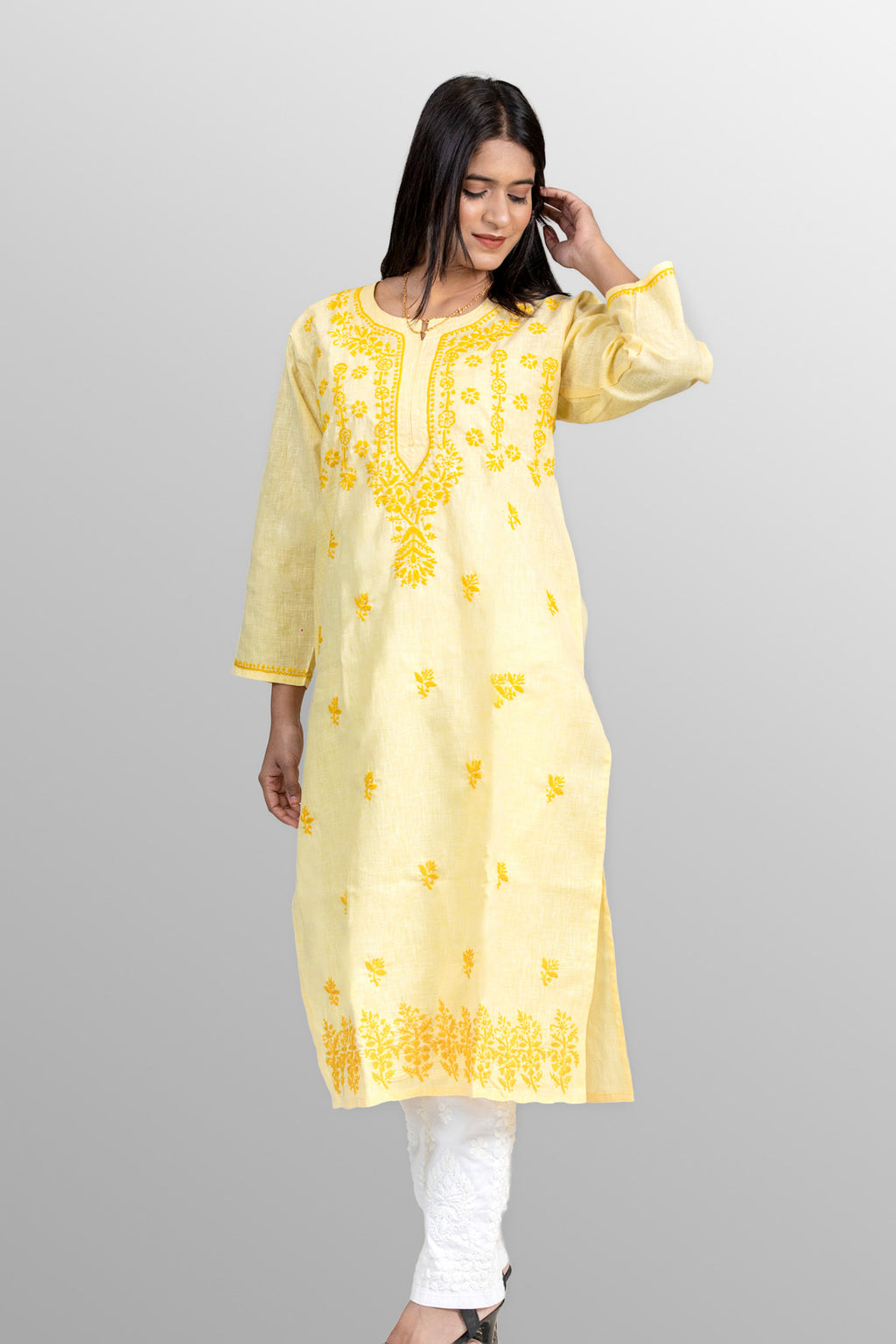 Sun-Kissed Elegance: Lemon Yellow Cotton Chikankari Kurta
