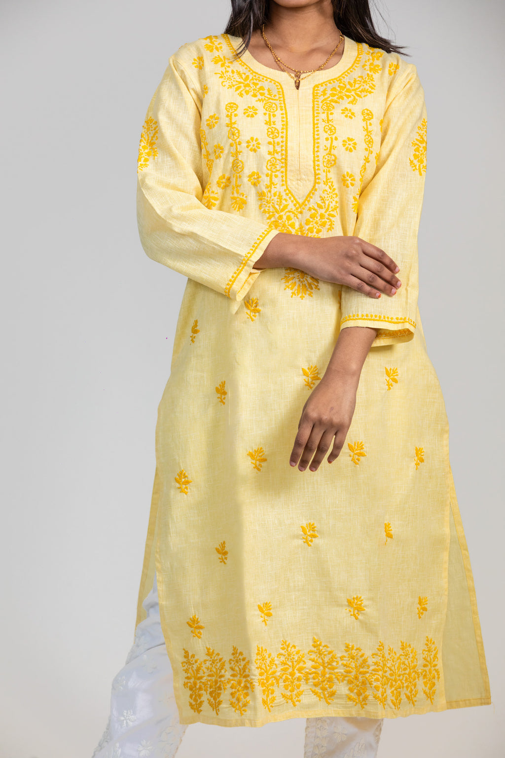 Sun-Kissed Elegance: Lemon Yellow Cotton Chikankari Kurta