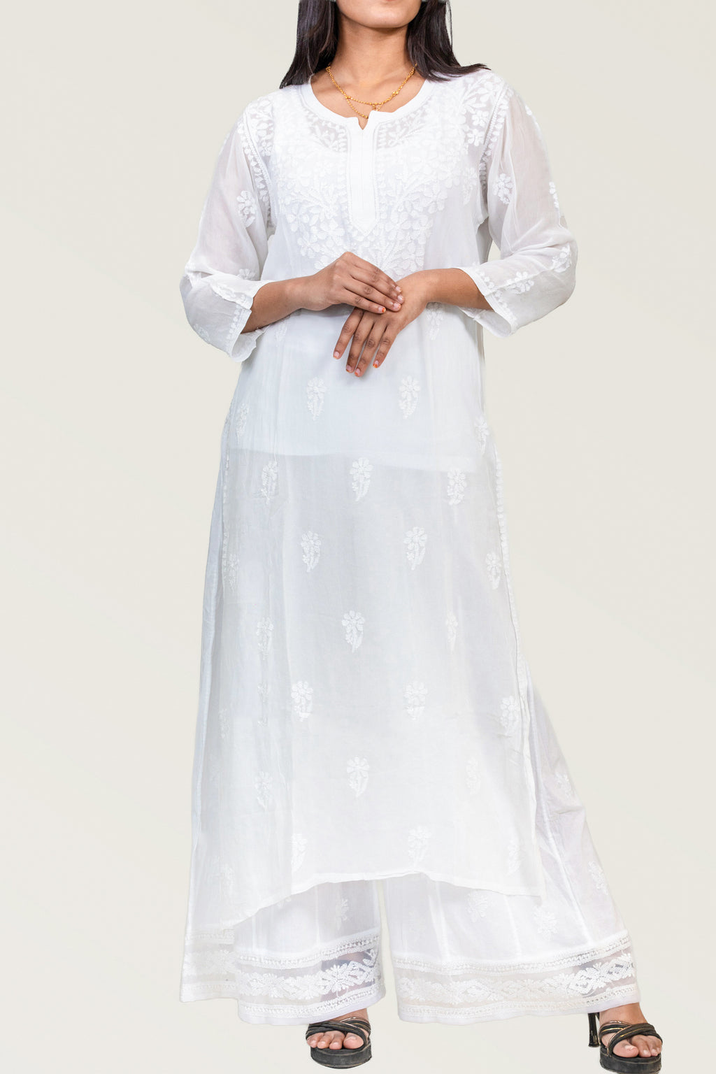 Viscose White-on-White Chikankari Long Kurti