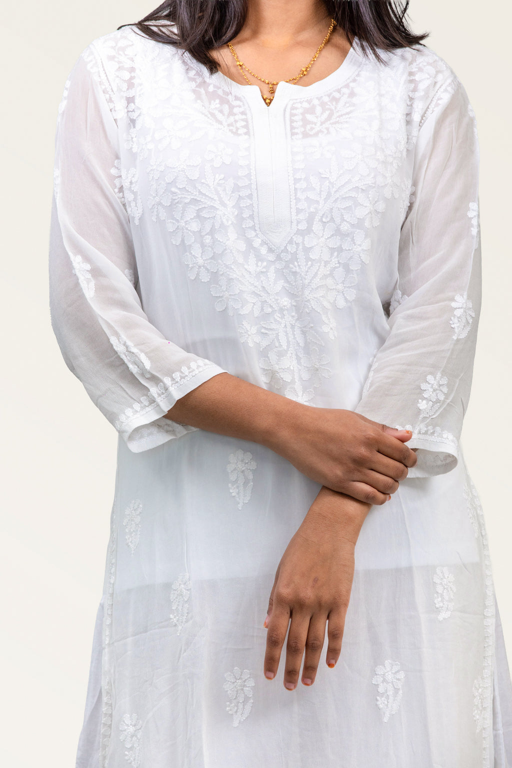 Viscose White-on-White Chikankari Long Kurti