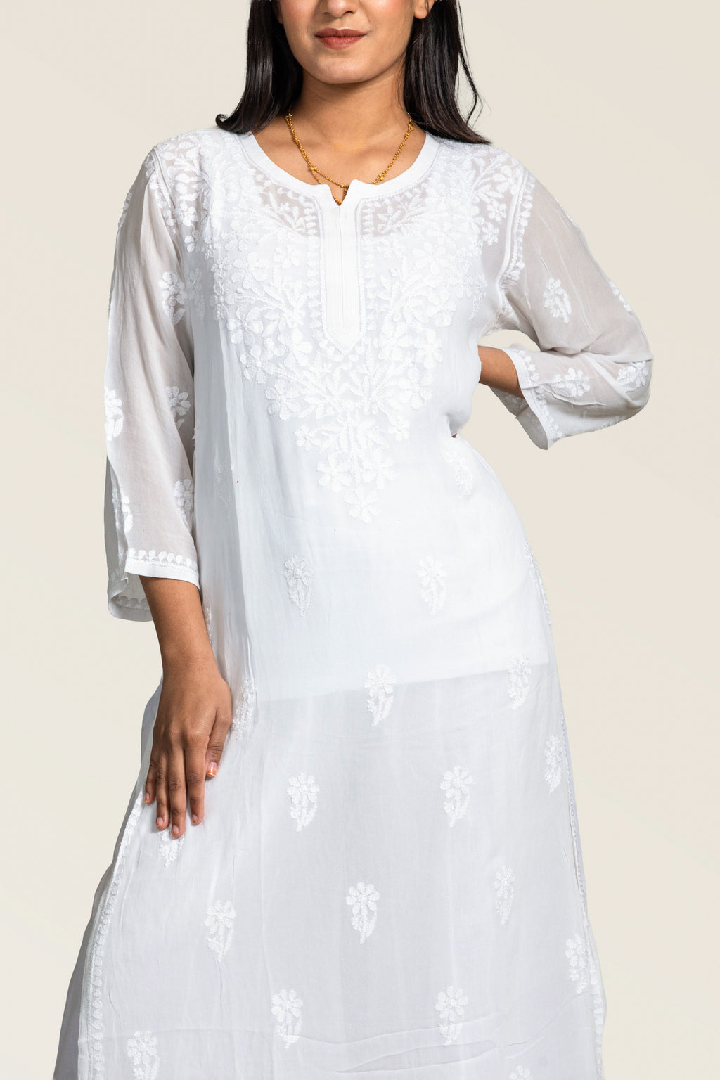 Viscose White-on-White Chikankari Long Kurti