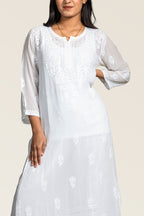 Viscose White-on-White Chikankari Long Kurti