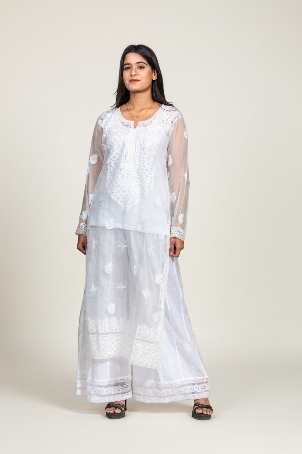 White Organza Chikankari Kurti with Paisley & Booti Work