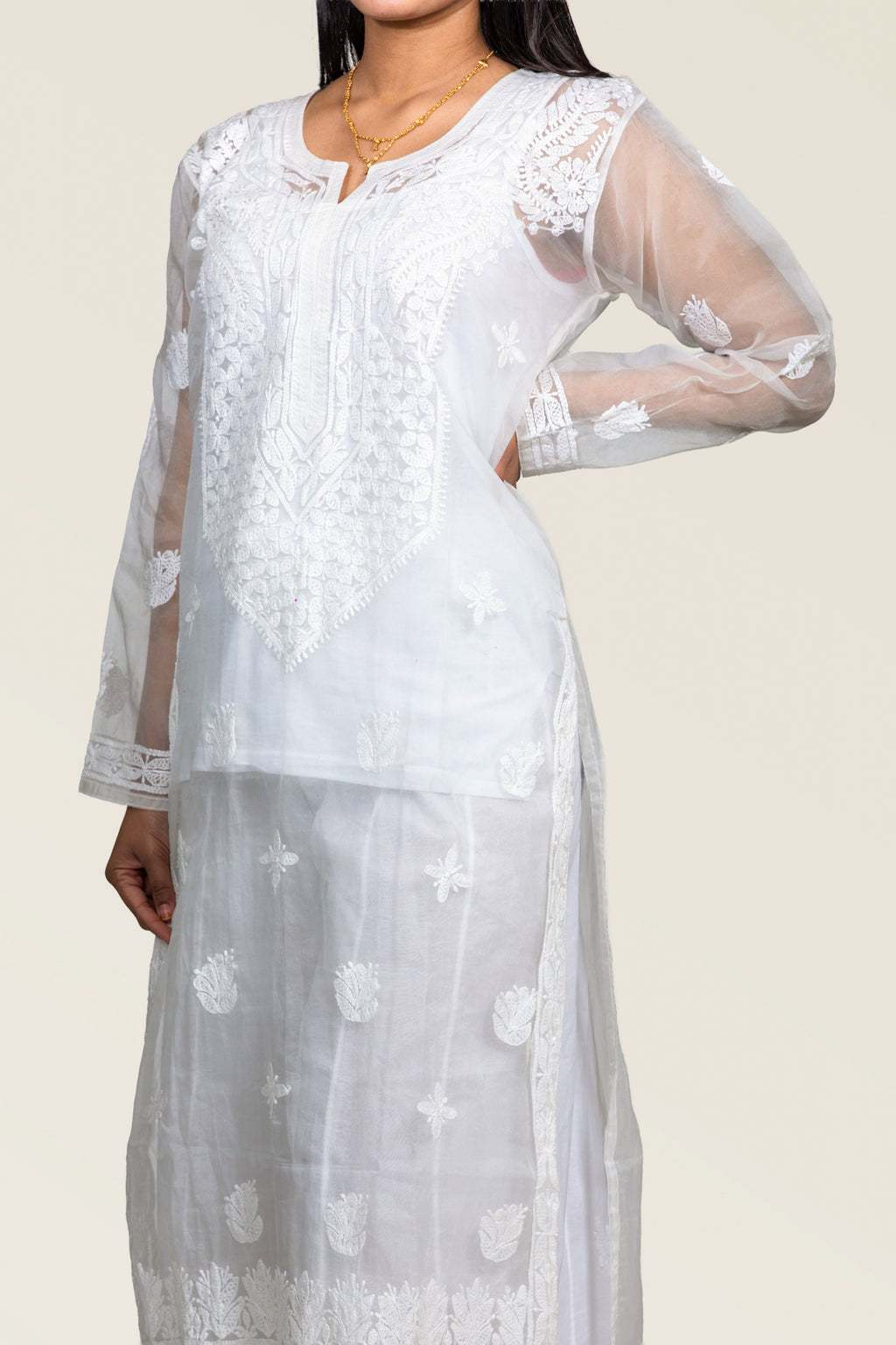 White Organza Chikankari Kurti with Paisley & Booti Work