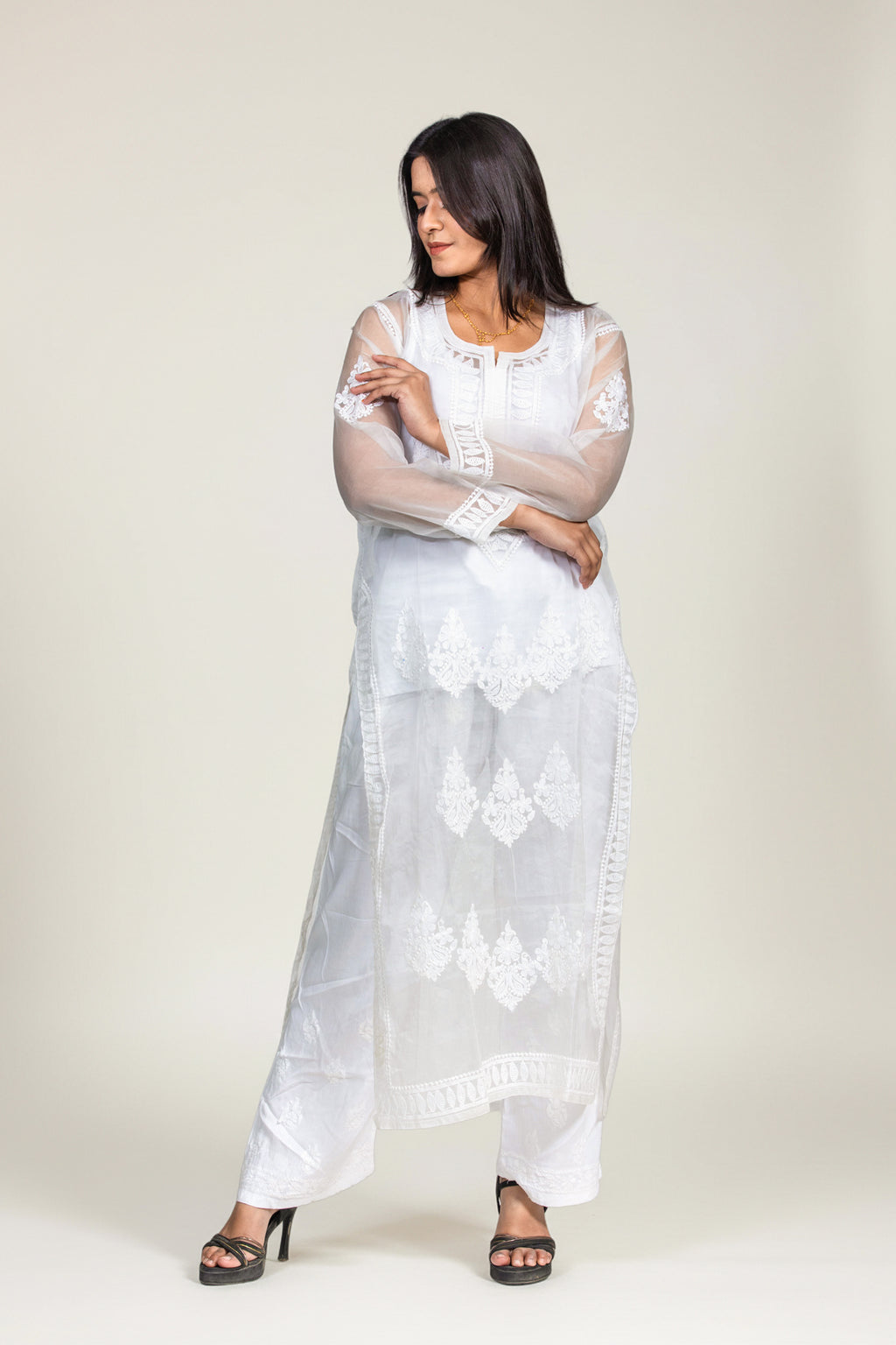 White Organza Chikankari Kurti with Embroidered Hem & Floral Yoke