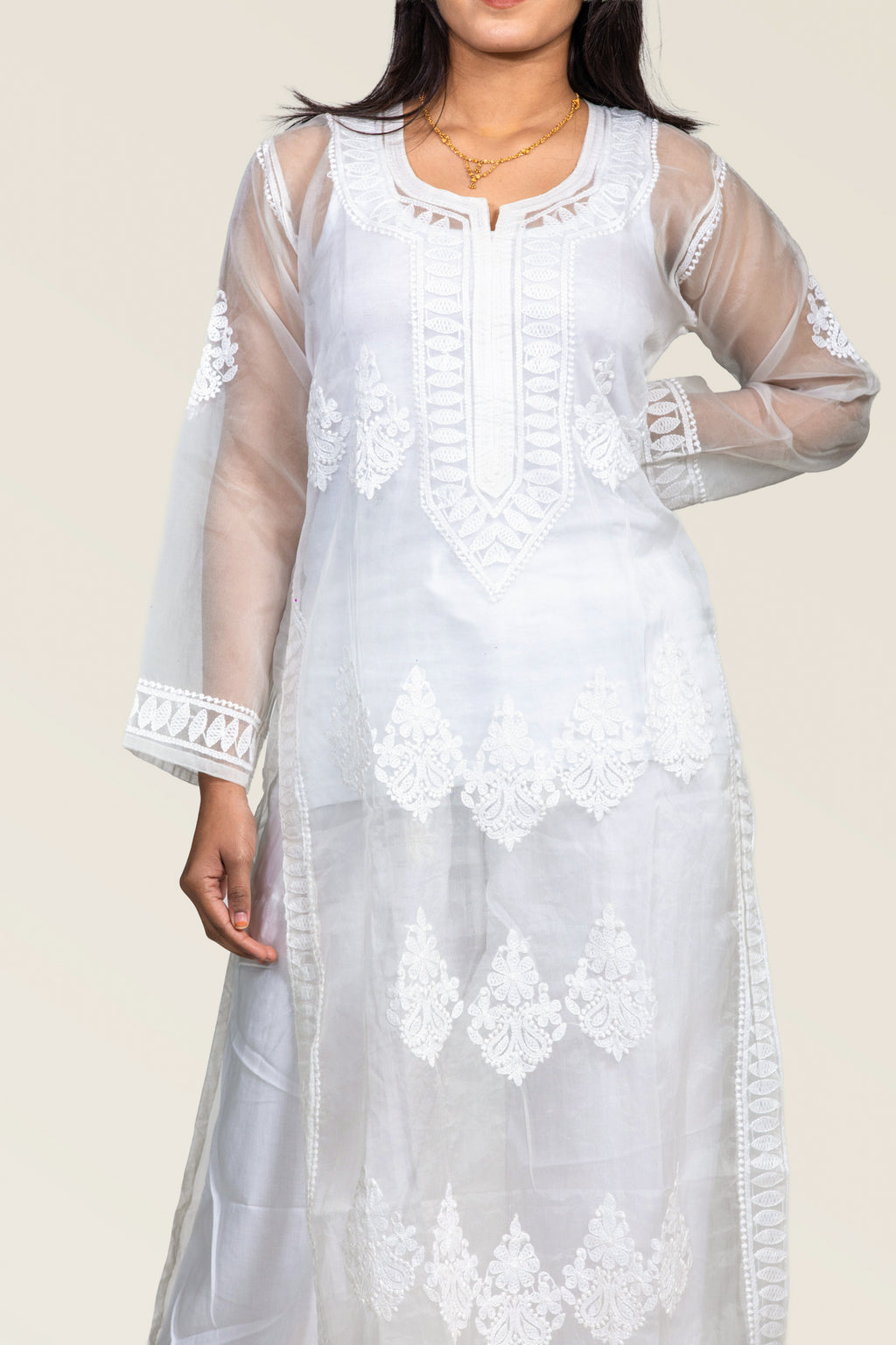 White Organza Chikankari Kurti with Embroidered Hem & Floral Yoke