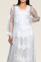 White Organza Chikankari Kurti with Embroidered Hem & Floral Yoke