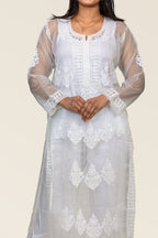 White Organza Chikankari Kurti with Embroidered Hem & Floral Yoke