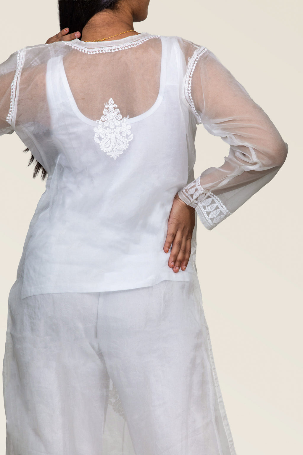 White Organza Chikankari Kurti with Embroidered Hem & Floral Yoke