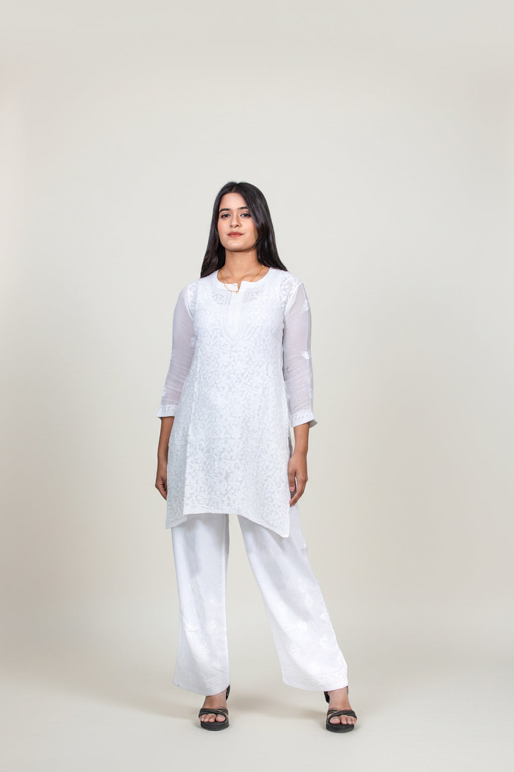 Viscose White-on-White Chikankari Short Kurti