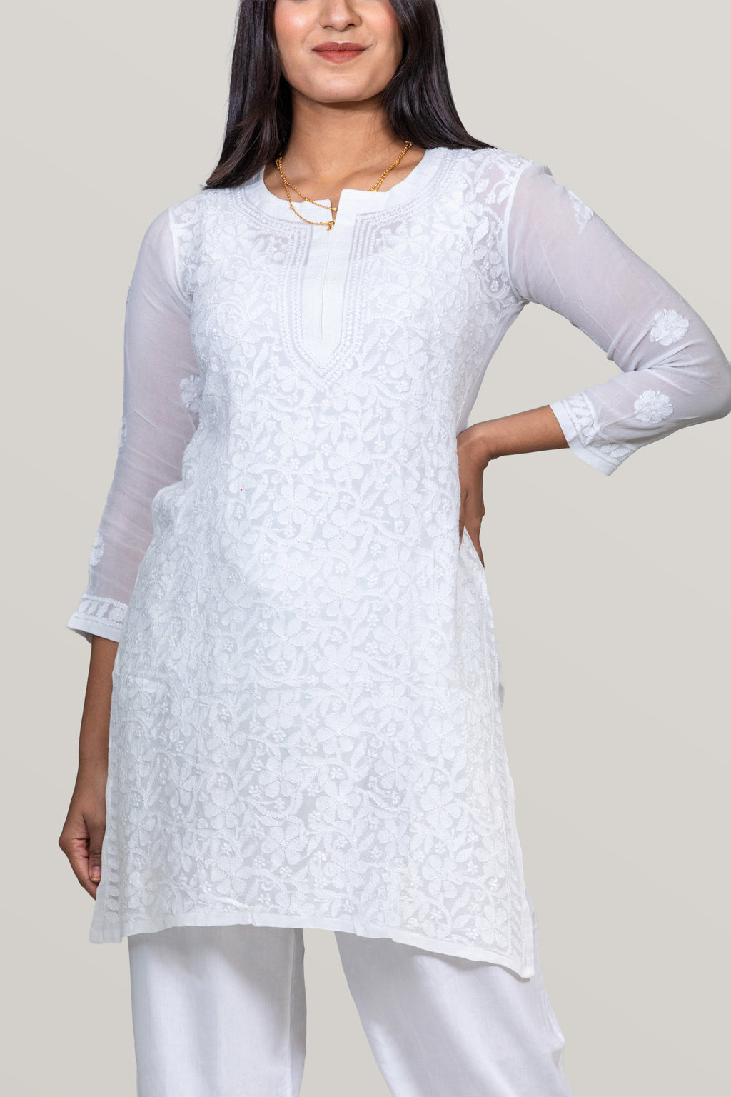 Viscose White-on-White Chikankari Short Kurti