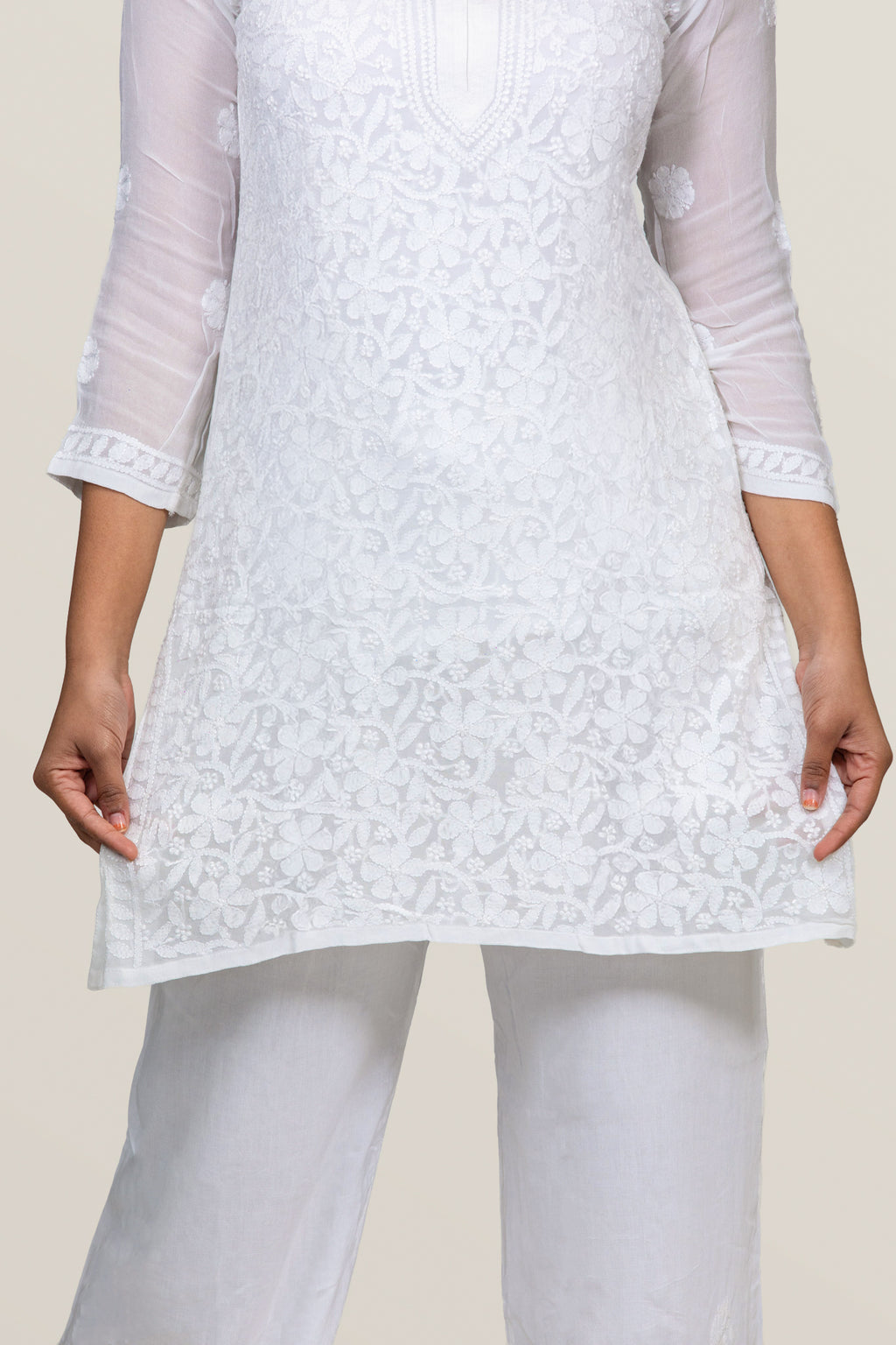 Viscose White-on-White Chikankari Short Kurti