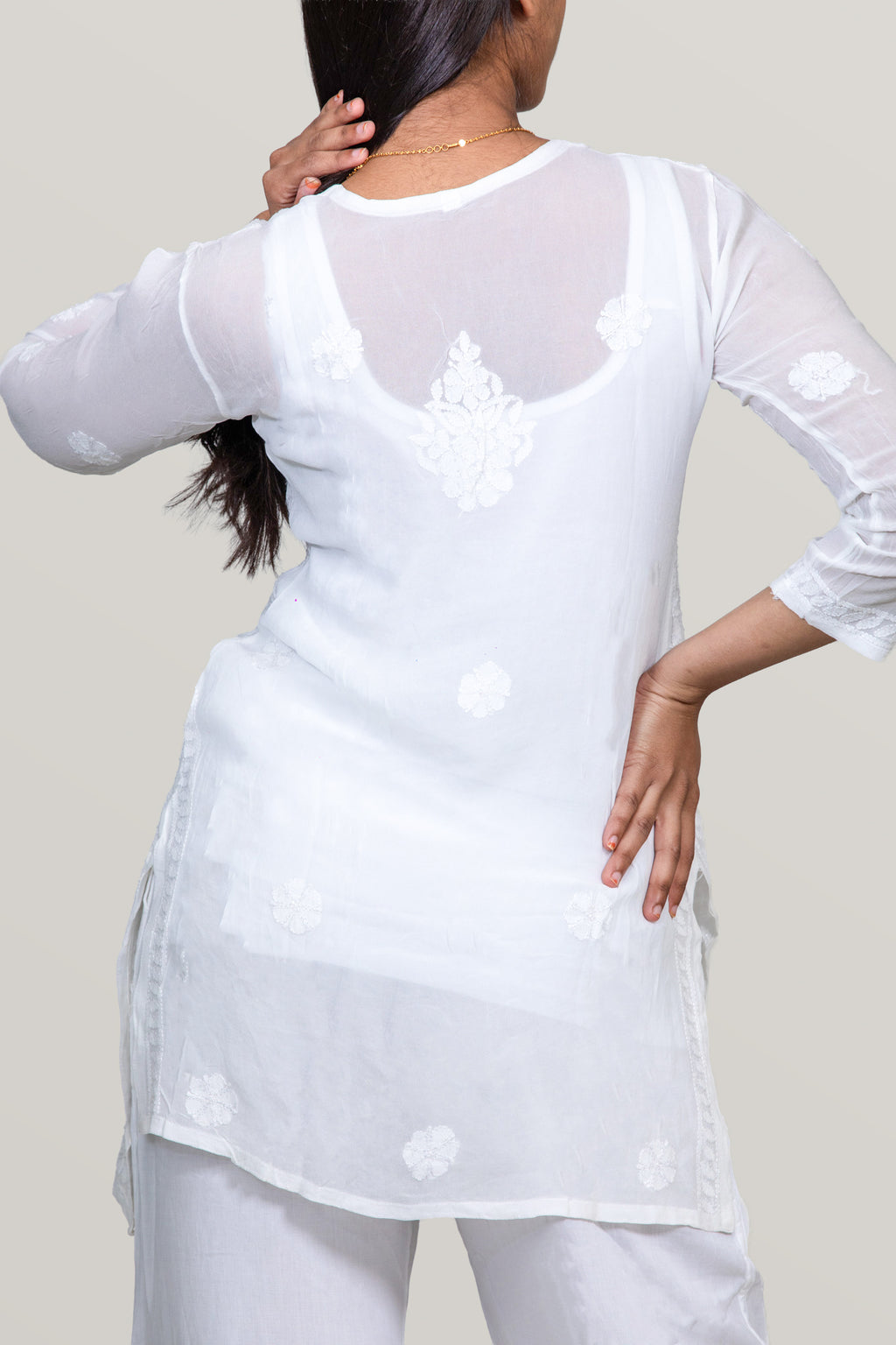 Viscose White-on-White Chikankari Short Kurti