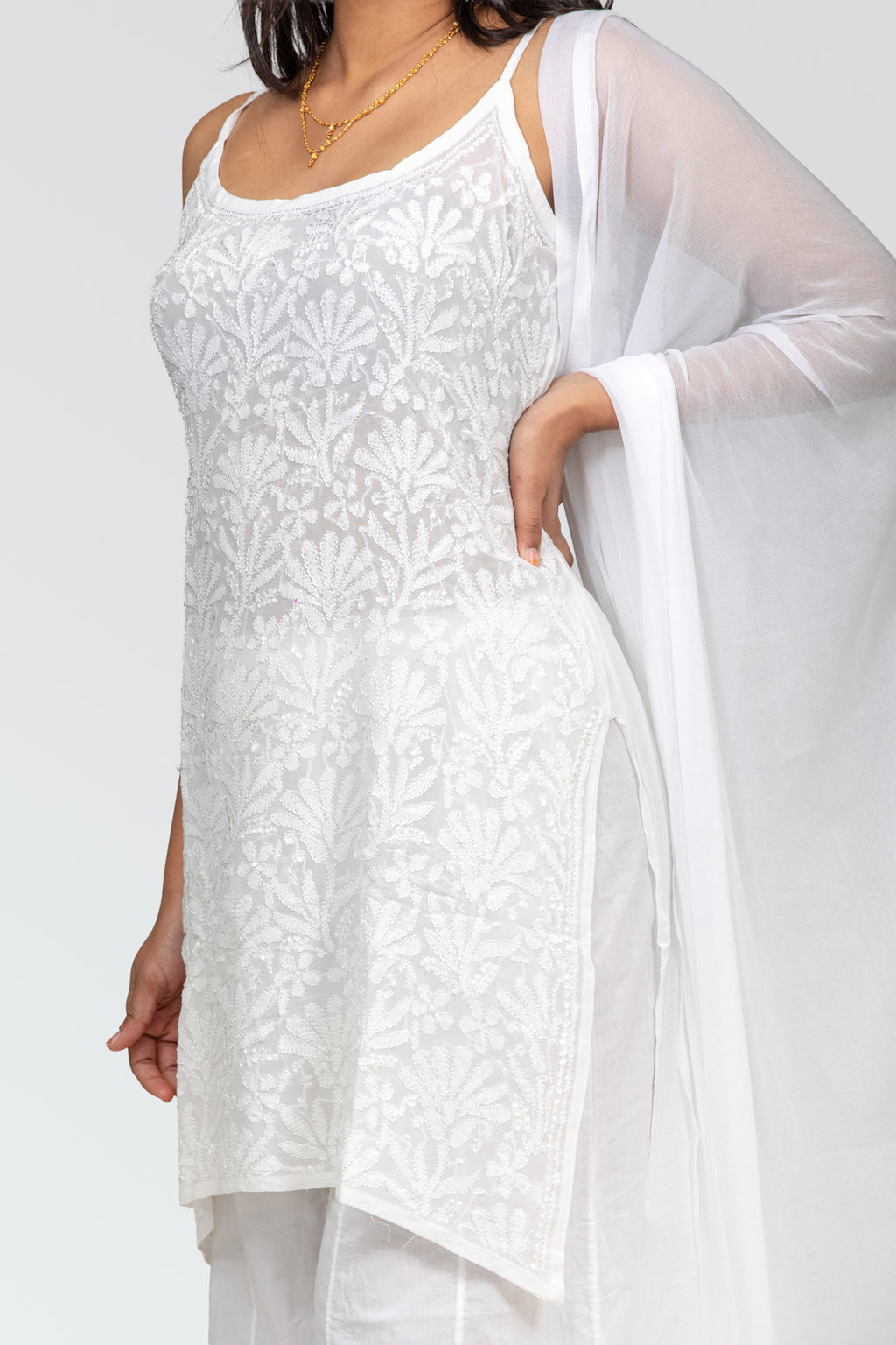 Pure Viscose White-on-White Chikankari Strappy Short Kurti