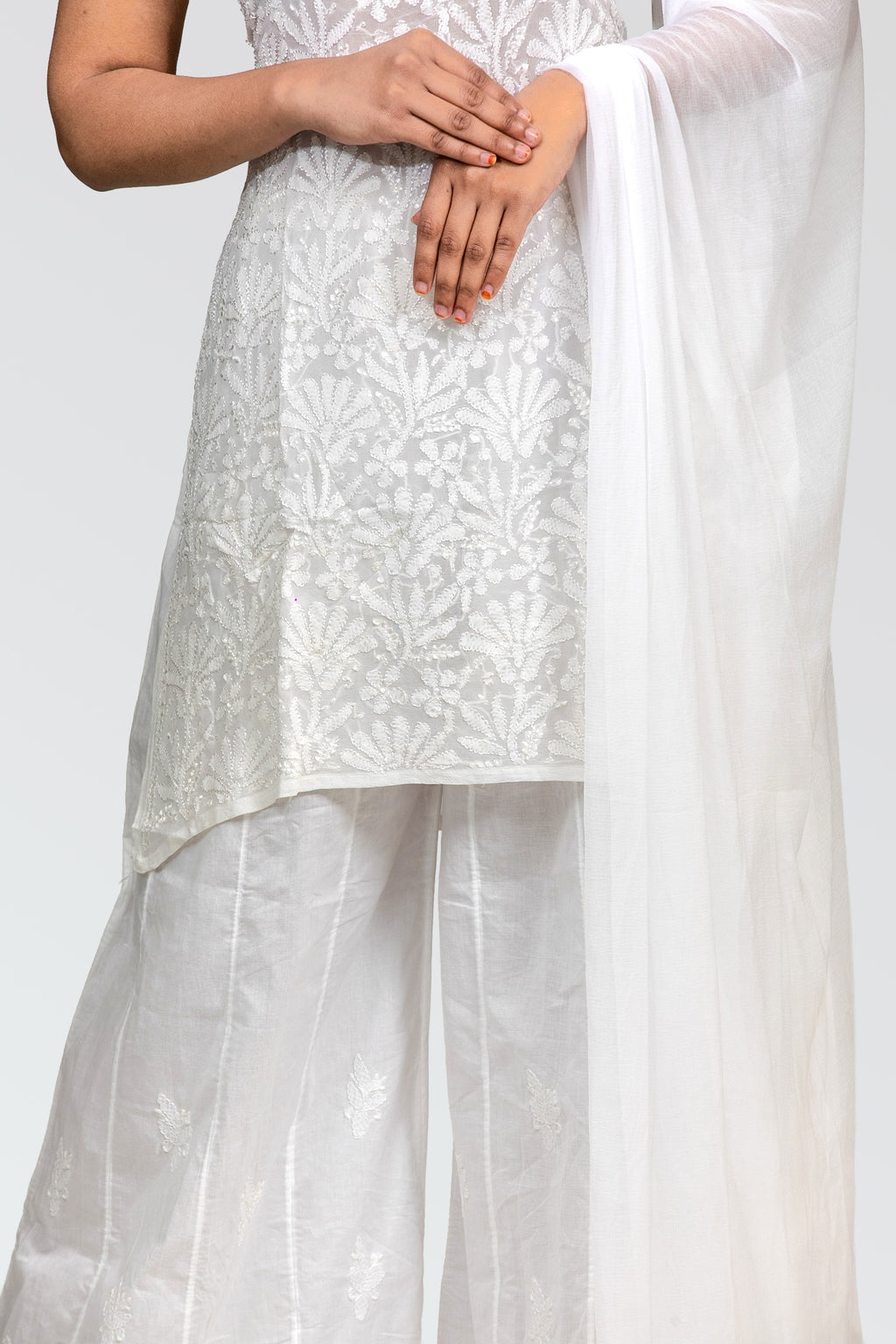 Pure Viscose White-on-White Chikankari Strappy Short Kurti