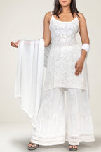 Pure Viscose White-on-White Chikankari Strappy Short Kurti