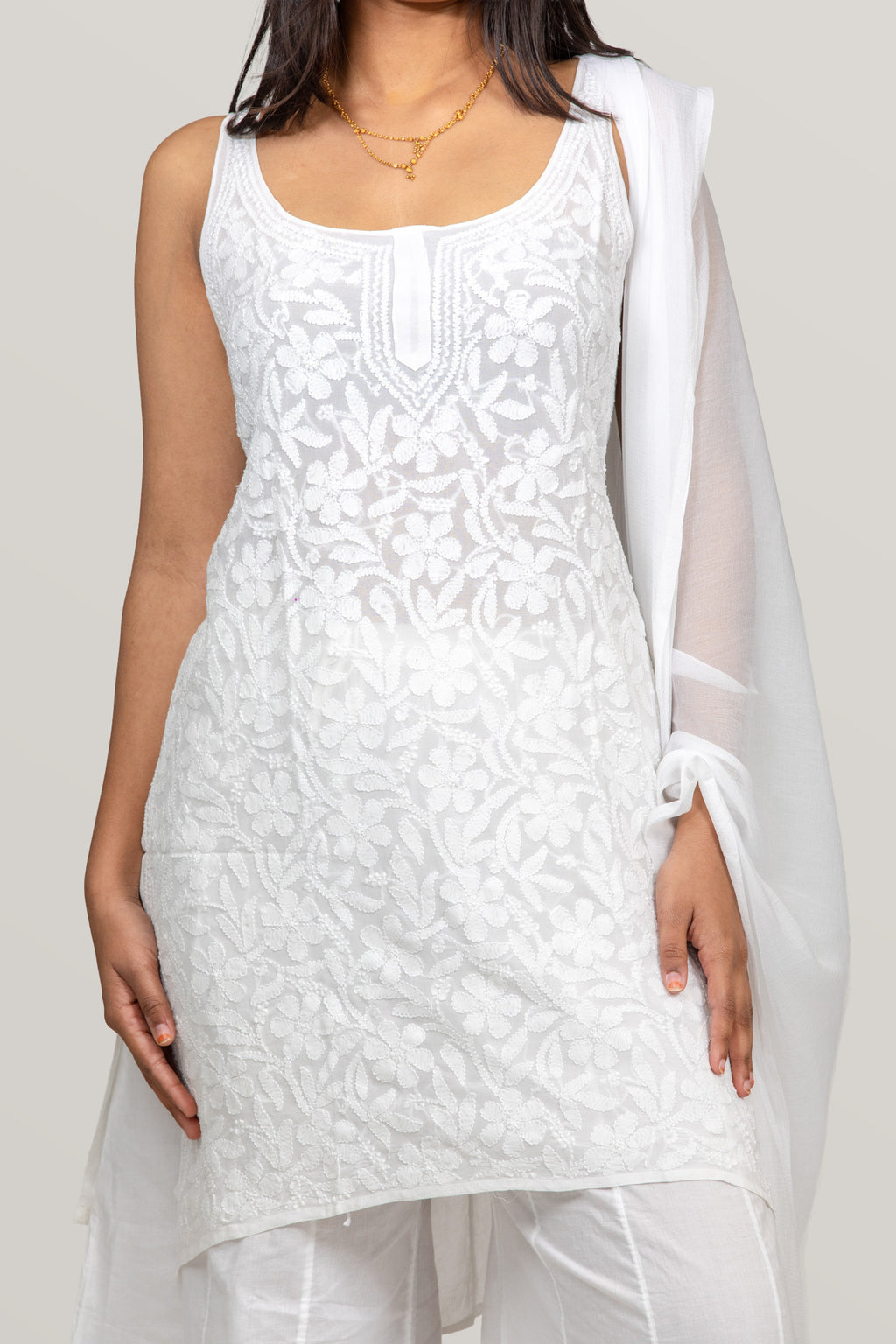 Pure Viscose White-on-White Chikankari Sleeveless Short Kurti