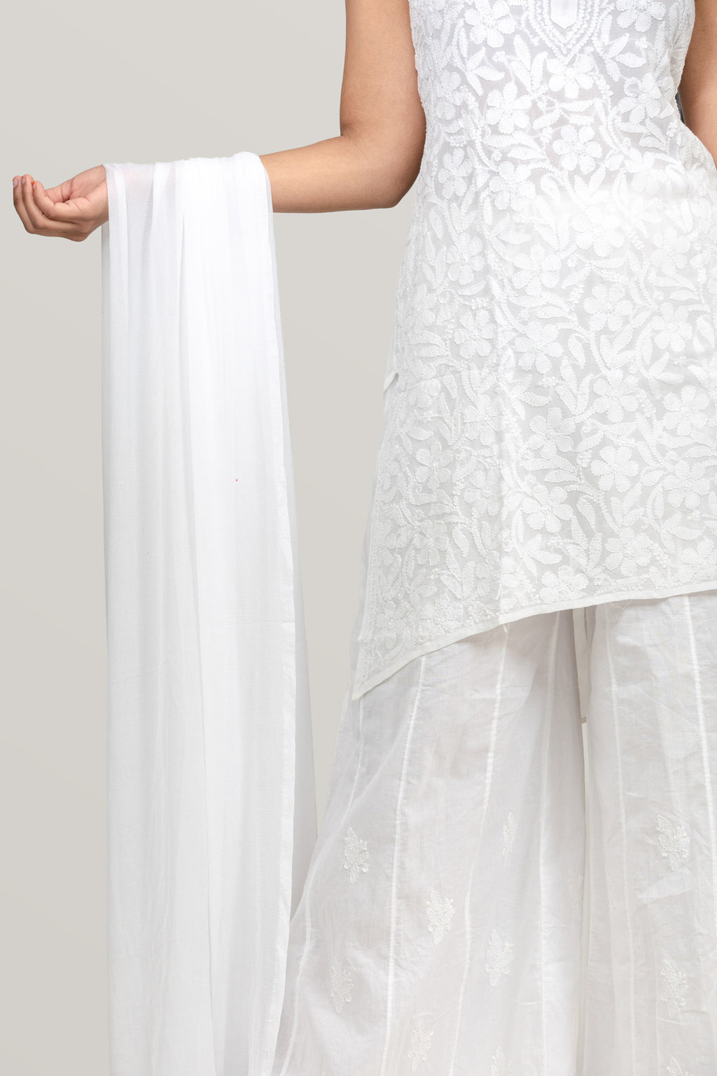 Pure Viscose White-on-White Chikankari Sleeveless Short Kurti