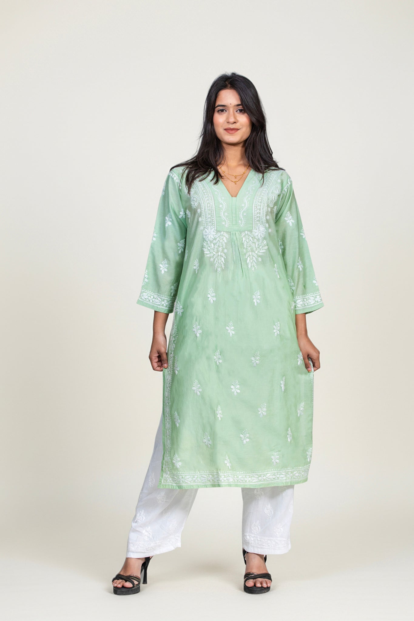 The Emerald Whisper: Hand-Embroidered Chanderi Kurti